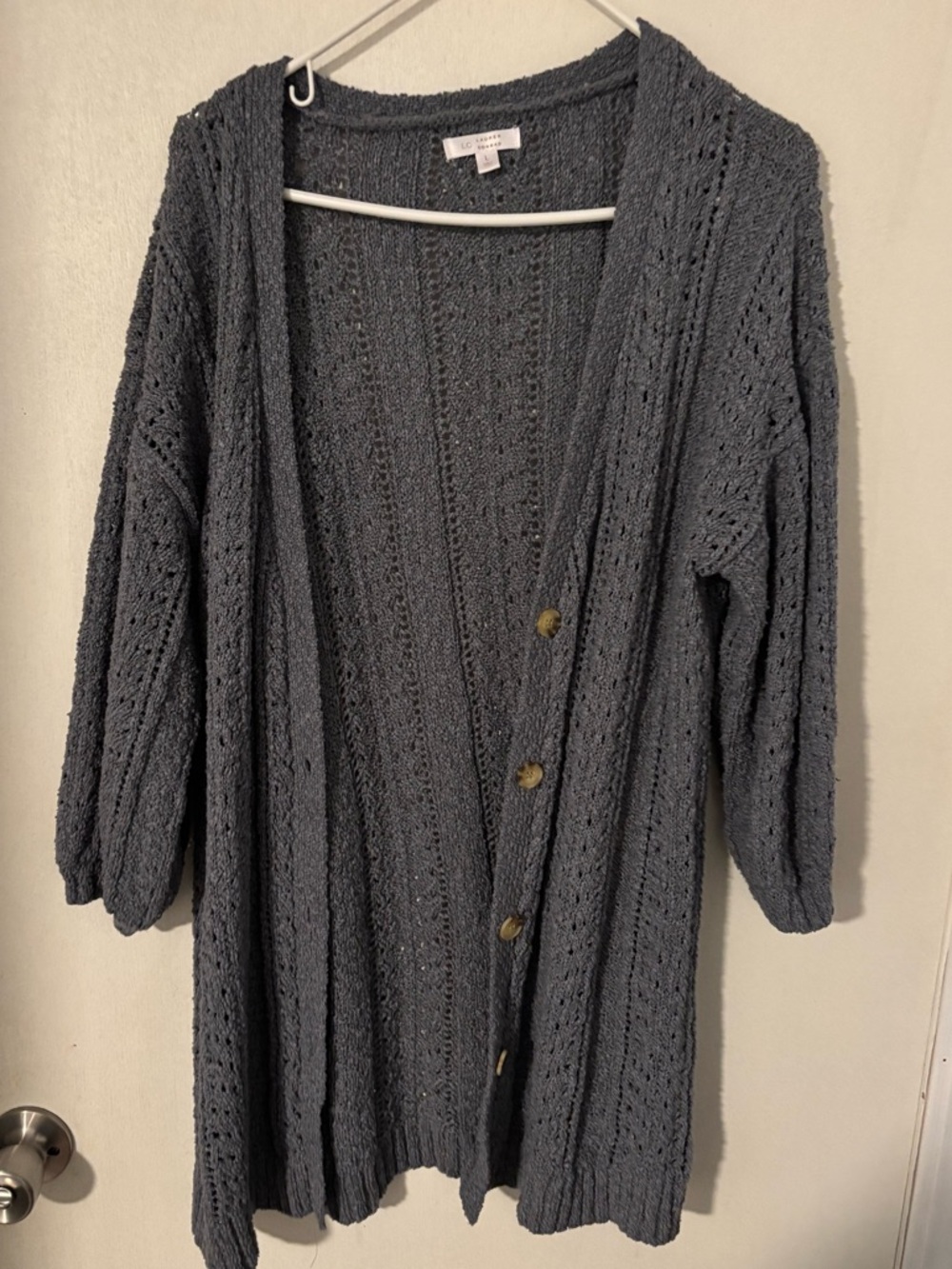 LC Lauren Conrad Charcoal Gray Open-Knit Button Cardigan